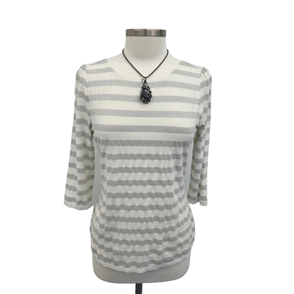White House Black Market Womens M Gray White Stripe Scoop Neck 3/4 Sleeve Top